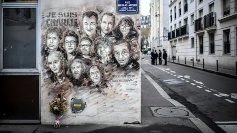 Getty Images Policemen are seen next to a painting in tribute to members of Charlie Hebdo newspaper