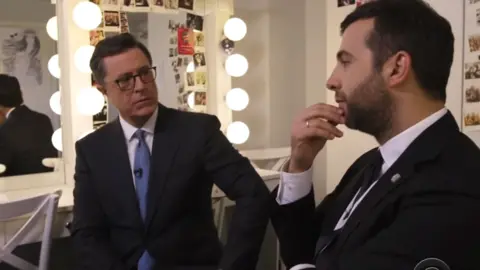 The Late Show with Stephen Colbert/YouTube Russian and US talk show hosts Ivan Urgant and Stephen Colbert, 2017