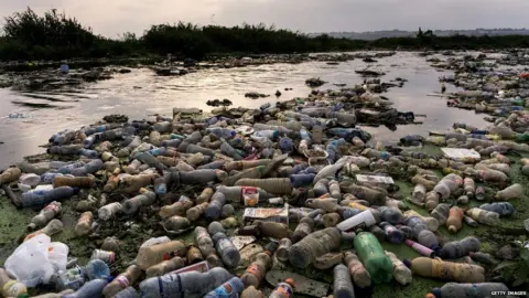 Getty Images plastic bottles polluting a river