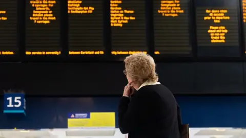 Person at a train station, looking at train listings