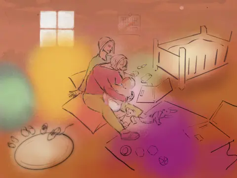 two mothers with baby, calendar on wall