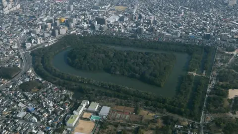 Getty Images This aerial picture taken on January 16, 2018 shows the mausoleum that is believed to be Emperor Nintoku's in Sakai, Osaka Prefecture