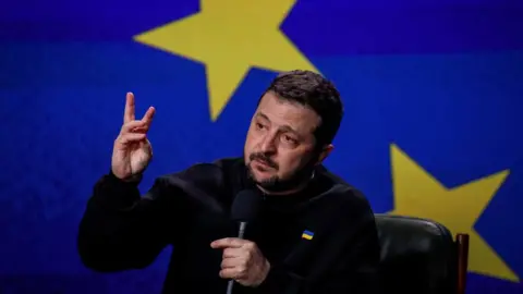 Reuters Ukrainian President Volodymyr Zelensky at a press-conference in Kyiv. Photo: 19 December 2023