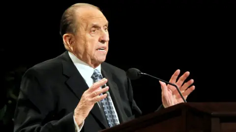 Reuters President of the Church of Jesus Christ of Latter-day Saints, Thomas Monson gives a talk in Salt Lake City, Utah (October 2, 2011).