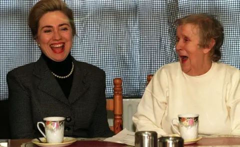 Pacemaker Hillary Clinton met peace campaigner Joyce McCartan during her first visit to Belfast in 1995