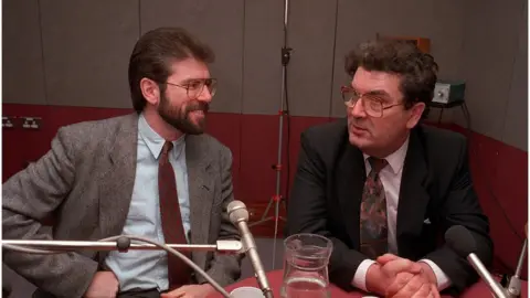 Pacemaker Gerry Adams and John Hume in studio before a BBC Radio 4 interview in 1992