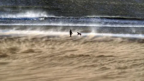 PA/Owen Humphreys A dog and dog walker on Tynemouth beach amid strong winds