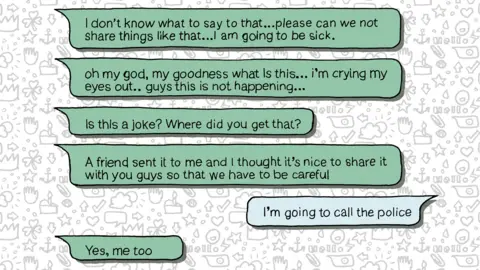 BBC Whatsapp messages: I don't know what to say to that… please can we not share things like that… I am going to be sick... Oh my god, my goodness, what is this? I'm crying my eyes out.... guys this is not happening... Is this a joke? Where did you get that?... A friend sent it to me and I thought it's nice to share it with you guys so that we have to be careful... I'm going to call the police... Yes me too