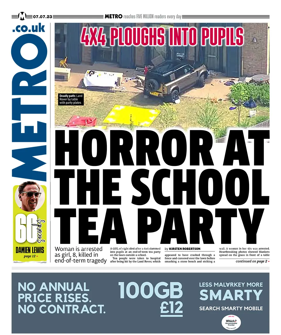 The headline on the front page of Metro reads: "Horror at the school tea party"