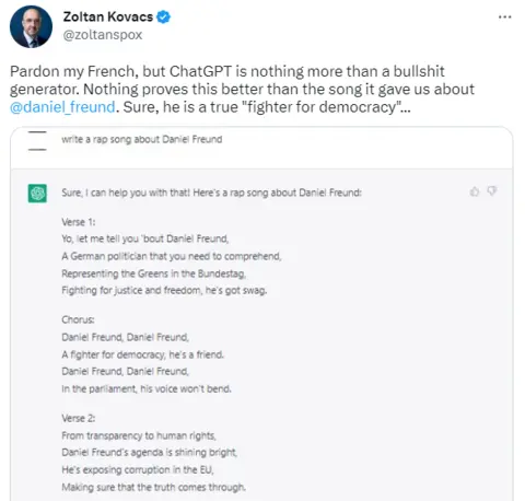 Zoltan Kovacs/Twitter Tweet from Zoltan Kovacs with rap about Daniel Freund, reading "Yo, let me tell you 'bout Daniel Freund; a German politician that you need to comprehend; Representing the Greens in the Bundestag; Fighting for justice and freedom, he's got swag; (CHORUS) Daniel Freund; A fighter for democracy, he's a friend; Daniel Freund, Daniel Freund; In the parliament, his voice won't bend; From transparency to human rights; Daniel Freund's agenda is shining bright; He's exposing corruption in the EU; Making sure that the truth comes through"