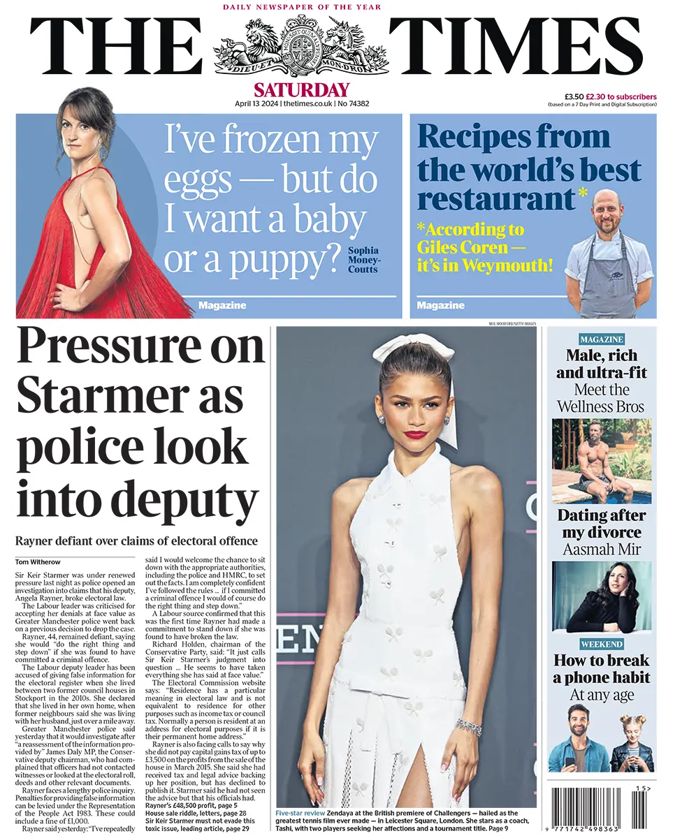 BBC The Times headline reads: "Pressure on Starmer as police look into deputy"