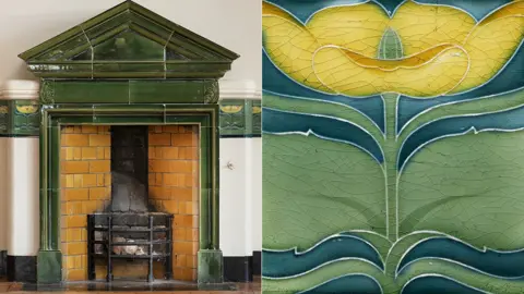 Historic England Archive Fireplace depicting art nouveau glazed tiles depicting water lily