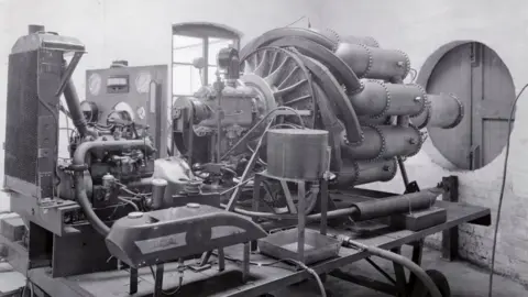Getty Images First ground test engine (the WU) at Power Jets works in Lutterworth, 1938.