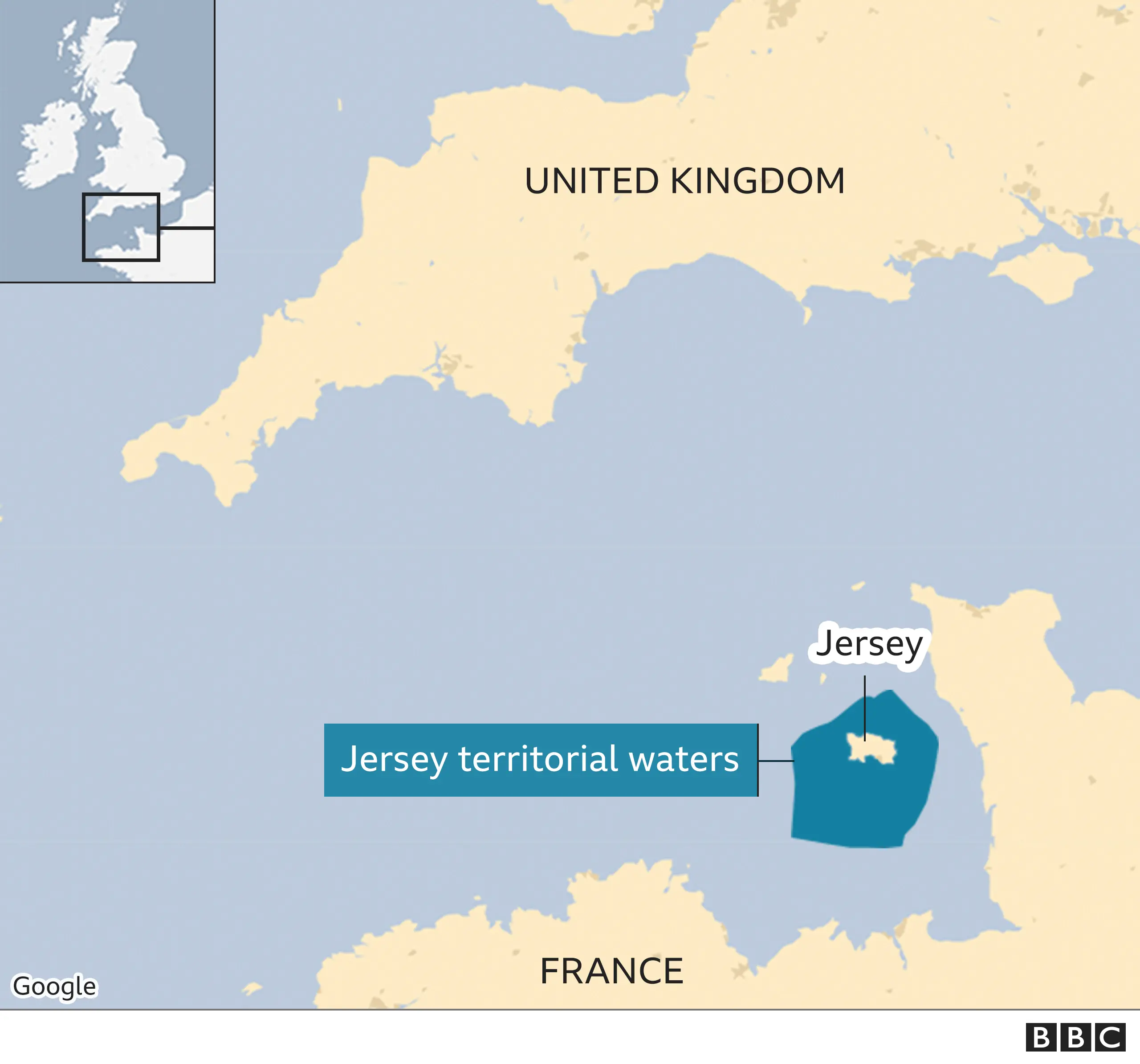 Map showing where Jersey is located and the extent of its territorial waters.