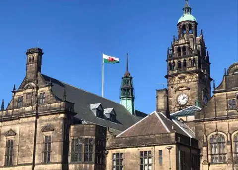 Dave Johnson Welsh flag above Sheffield Town Hall