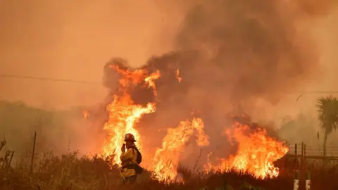 AFP Flames leap along the 101 freeway in La Conchita, Ventura County, as a firefighter stands nearby on December 7, 2017
