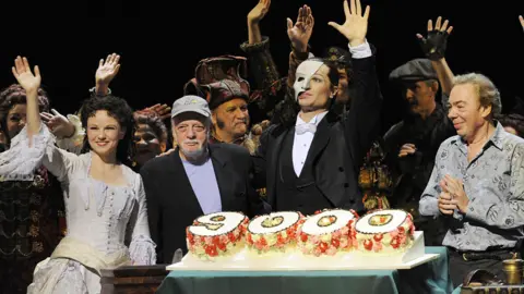 Getty Images Hal Prince celebrates the 25th anniversary of The Phantom of the Opera with Andrew Lloyd Webber