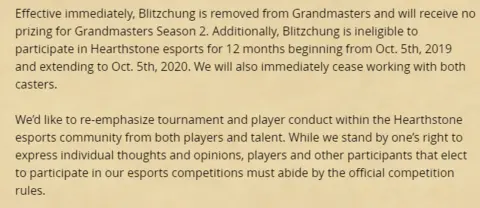 Activision Blizzard message that banned Blitzchung