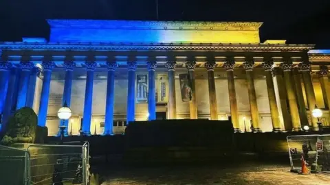 Liverpool's St George's Hall in the colours of the Ukrainian flag