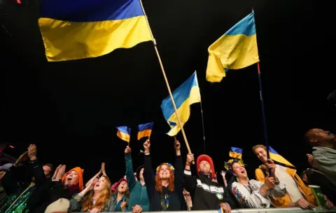 PA Media Fans holding Ukrainian flags