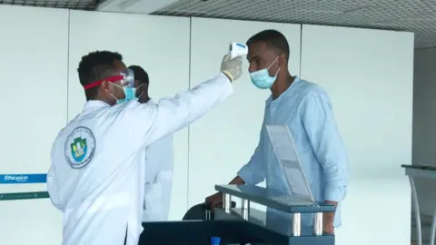 Temperature testing at an airport in Ethiopia