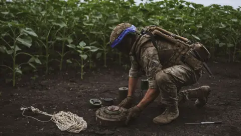 Getty Images A Ukrainian dismantles a mine