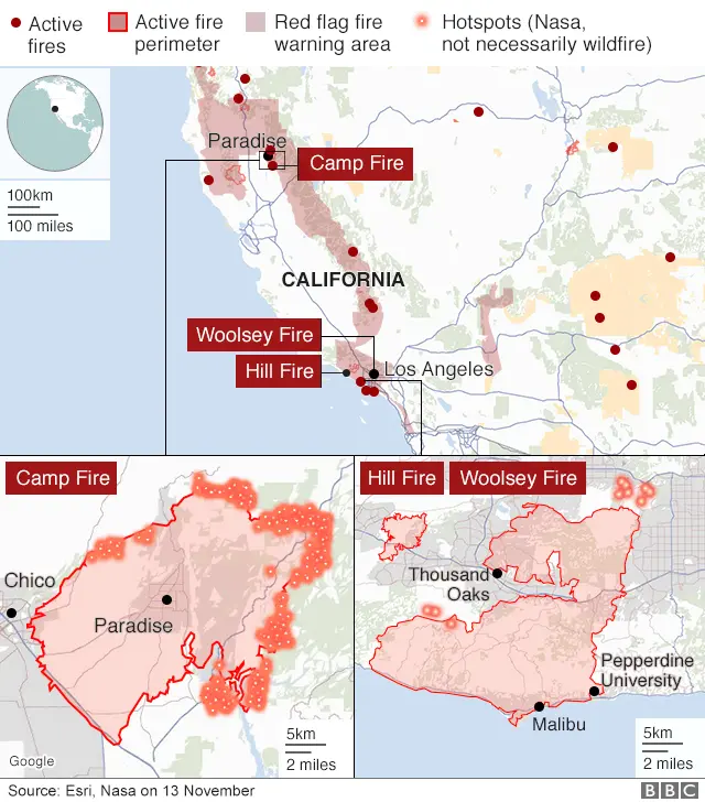 California - areas under fire or threat