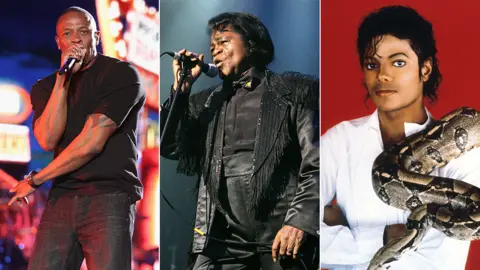 Getty Images Dr Dre, James Brown and Michael Jackson