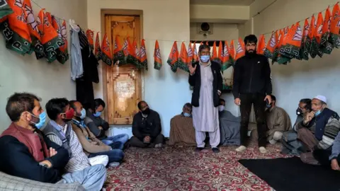 Getty Images Bharatiya Janata Party (BJP) Workers Hold First Meeting After Attack On Councillors in Sopore, Demands Proper Security and Accomodation for all the Members in Sopore, District Baramulla, Jammu and Kashmir, India 19 April 2021.