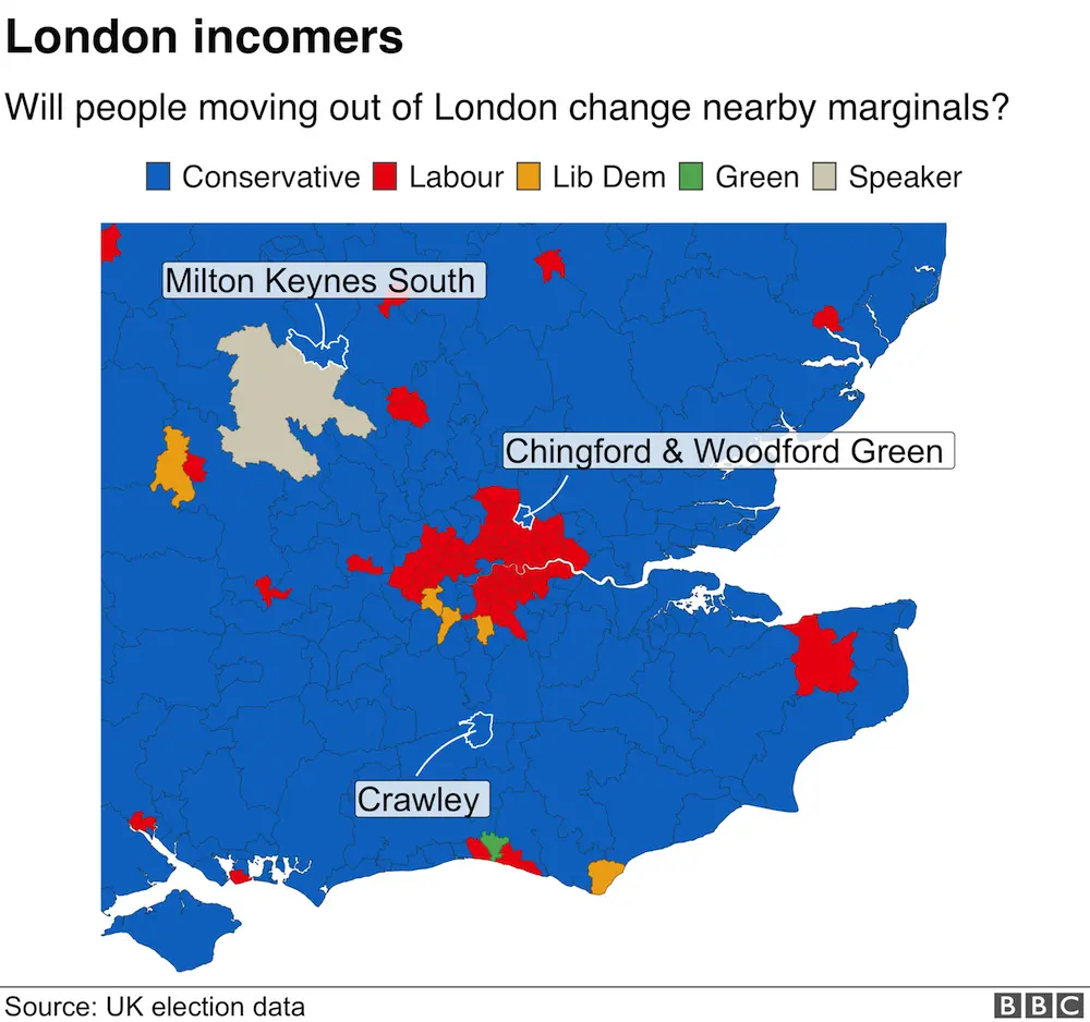 Map of areas outside London that could be affected by people moving from the capital