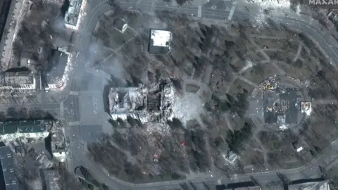 Maxar The remains of the Mariupol theatre after a missile strike in March