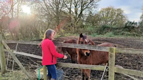 Barbara Smathers tending to two horses