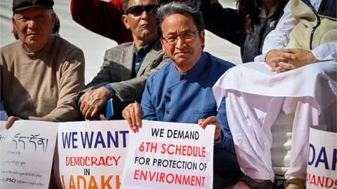 Getty Images Ladakh educationist Sonam Wangchuk at a protest demanding statehood for the region on February 15, 2023 in New Delhi