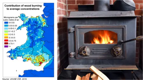 Getty Images Map showing concentrations of pollution of wood burning in Wales