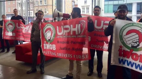 IWGB Uber couriers and drivers occupying the firm's London offices