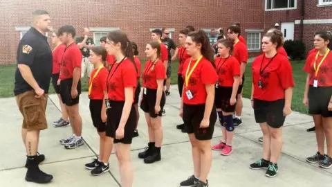 Dyfed-Powys Police Junior police cadets being drilled at the Maryland Police Academy in the US