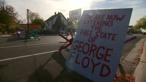 BBC There is now a 'police free zone' at the memorial site where Floyd died