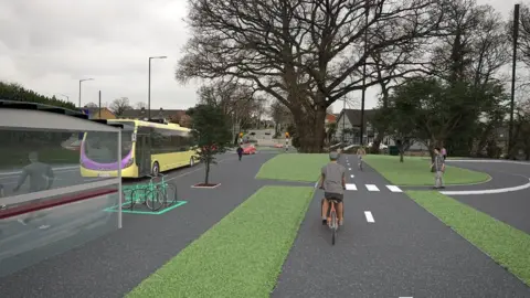 BCP Council CGI of cycle lanes in Wimborne Road looking west towards Bear Cross roundabout