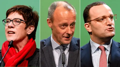 EPA/Getty The three candidates: Favourite Annegret Kramp-Karrenbauer (L); Friedrich Merz (C) and Jens Spahn