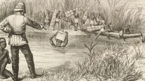 Getty Images Illustration of Stanley pointing revolver at African porter in a river, 1873