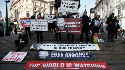 Getty Images Μια ομάδα διαδηλωτών κρατά πλακάτ για την υποστήριξη του Τζούλιαν Ασάνζ
