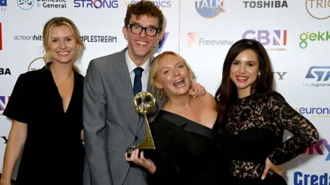 Getty Images Olivia Bromley, Mark Charnock, Natalie Ann Jamieson and Paige Sandhu of Emmerdale