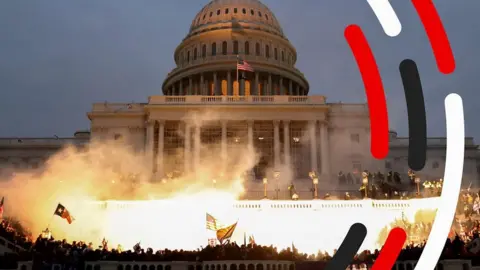 Crowds and smoke in front of the US Capitol building