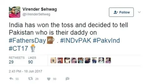 Virender Sehwag (Fan page) India has won the toss and decided to tell Pakistan who is their daddy on #FathersDay . #INDvPAK #PakvInd #CT17
