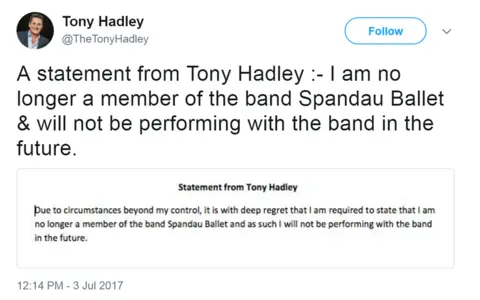 Tony Hadley / Twitter Tony Hadley's tweet