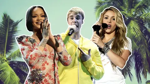 BBC / Getty Images Rihanna, Justin Bieber and Shakira