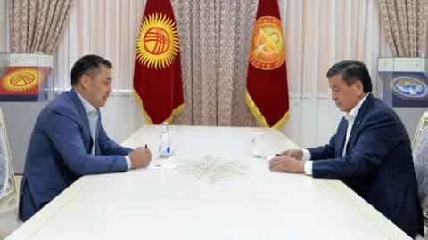 KYRGYZSTAN PRESIDENCY PRESS OFFICE President Sooronbay Jeenbekov (right) and Sadyr Japarov (left)