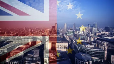 Getty Images UK and EU flags over City of London