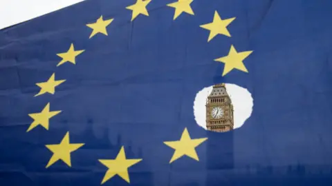 Getty Images An EU flag is held during a protest in front of the Houses of Parliament, London, 2 March 2017