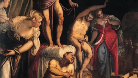 Getty Images A painting of women putting dressings on a plague victims' wounds